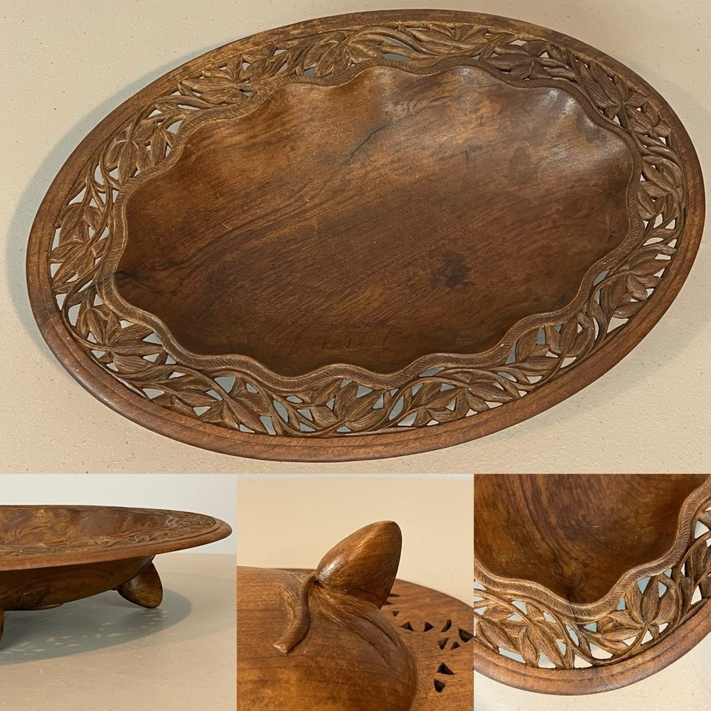 Handcarved Wood Footed Bowl Intricate Leaf Design Trim Hawaiin Tiki Vtg 14"